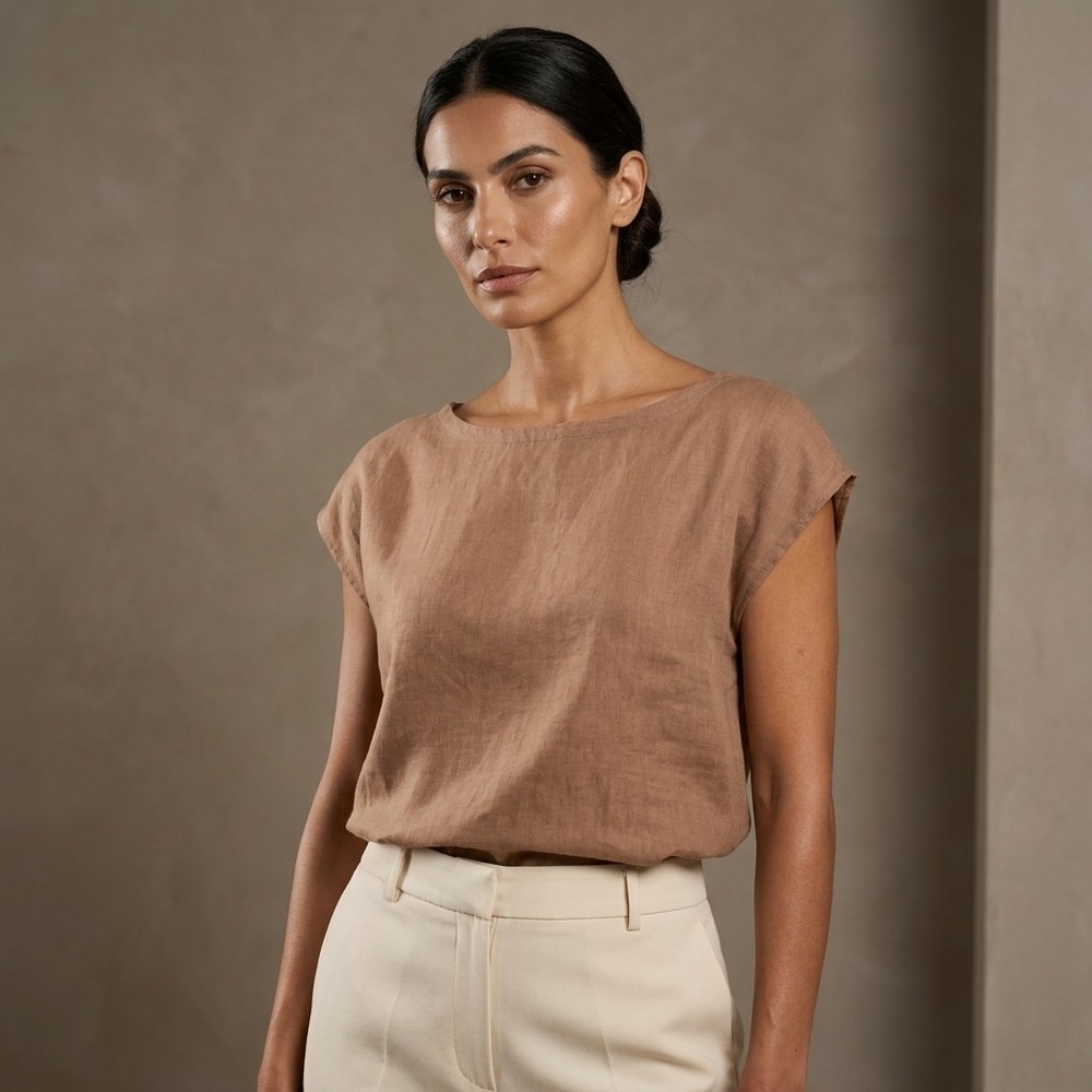 FILOSOFIA Women Linen Boxy Top L Brown 100% Linen Coastal Minimalist New